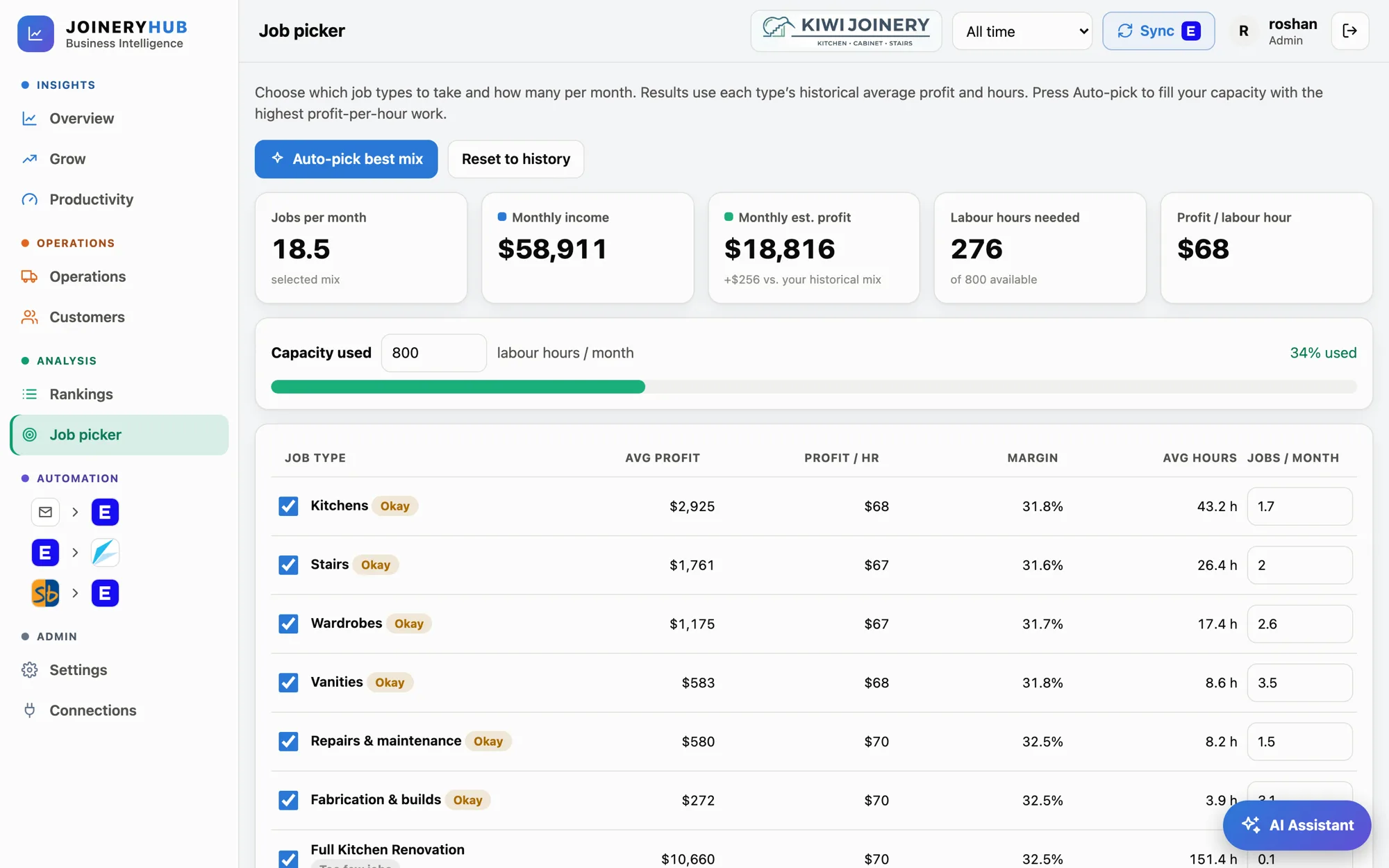 JoineryHub Job picker with an auto-pick best mix button and capacity used against 800 labour hours